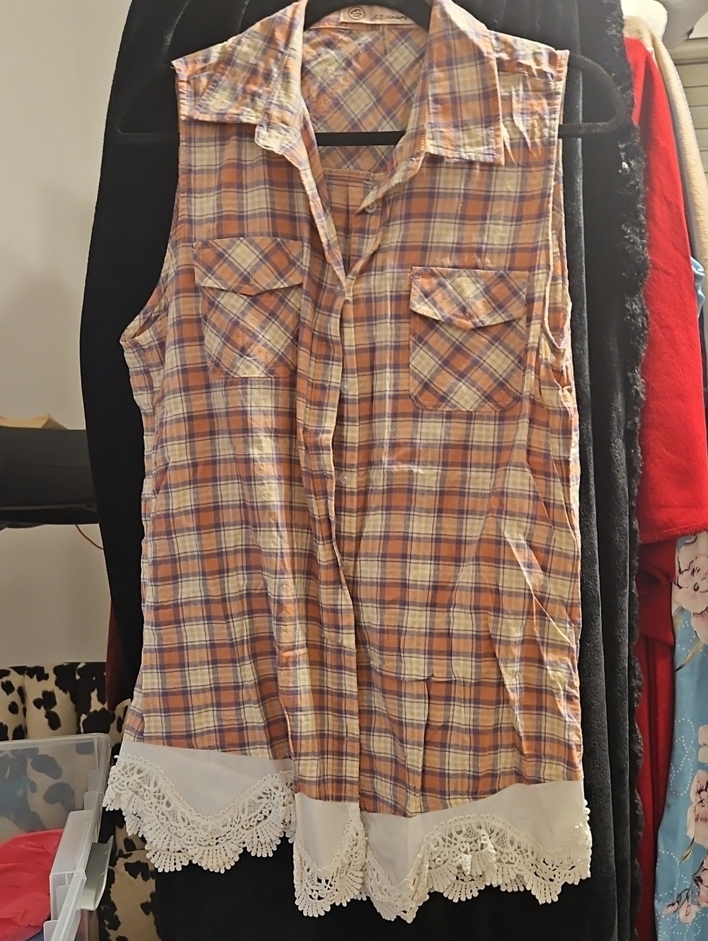 Sleeveless Plaid Button-Front Top with Lace Trim - Orange/Blue